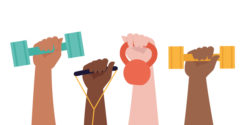 hands raising fitness equipment